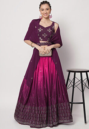 Embroidered Art Silk Lehenga in Purple and Pink