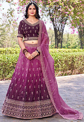 Embroidered Art Silk Lehenga in Purple Ombre