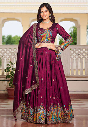 Embroidered Art Silk Lehenga in Purple