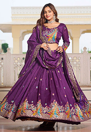 Embroidered Art Silk Lehenga in Purple