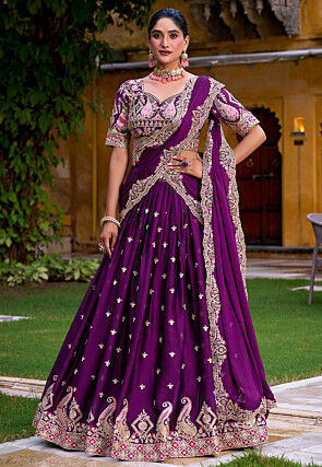 Embroidered Art Silk Lehenga in Purple