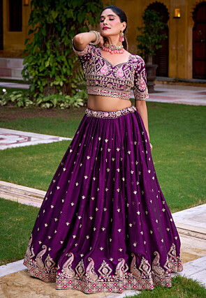 Embroidered Art Silk Lehenga in Purple