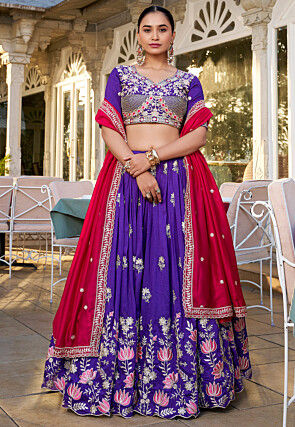 Embroidered Art Silk Lehenga in Purple