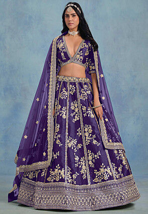 Embroidered Art Silk Lehenga in Purple