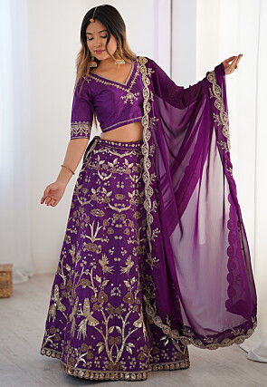 Embroidered Art Silk Lehenga in Purple