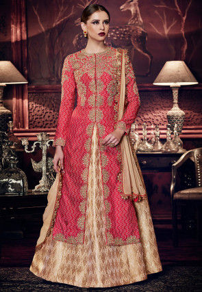 Embroidered Art Silk Lehenga in Red and Beige
