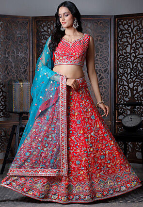 Embroidered Art Silk Lehenga in Red