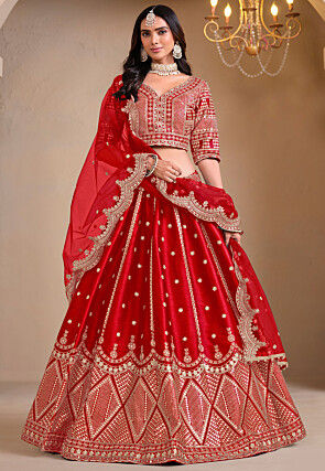 Embroidered Art Silk Lehenga in Red