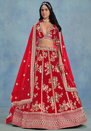 Embroidered Art Silk Lehenga in Red
