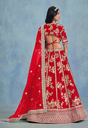 Embroidered Art Silk Lehenga in Red