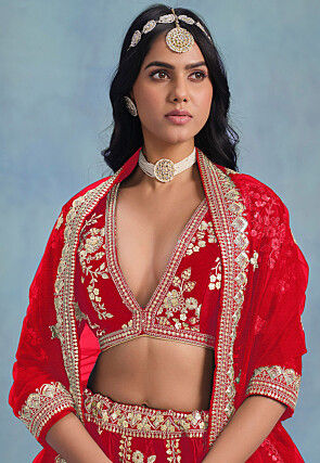 Embroidered Art Silk Lehenga in Red