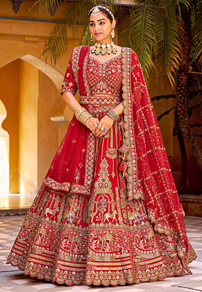 Embroidered Art Silk Lehenga in Red