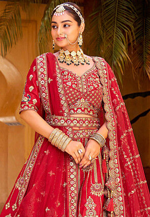 Embroidered Art Silk Lehenga in Red
