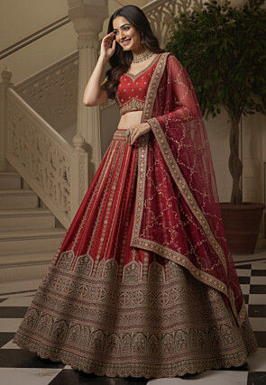 Embroidered Art Silk Lehenga in Red