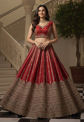 Embroidered Art Silk Lehenga in Red