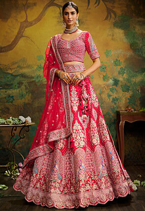 TRADITIONAL RED WEDDING LEHENGA WITH GOLDEN EMBROIDERED BLOUSE -