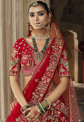 Embroidered Art Silk Lehenga in Red