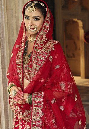 Embroidered Art Silk Lehenga in Red