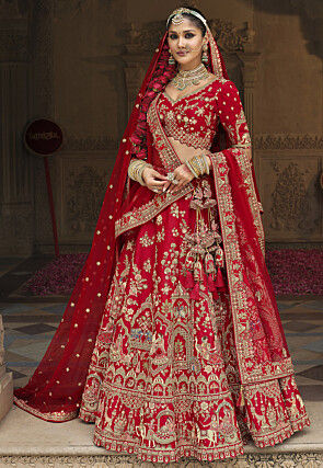 Embroidered Art Silk Lehenga in Red