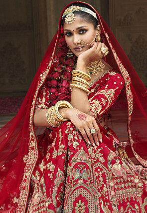 Embroidered Art Silk Lehenga in Red