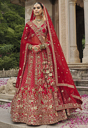 Embroidered Art Silk Lehenga in Red