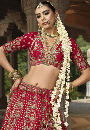 Embroidered Art Silk Lehenga in Red
