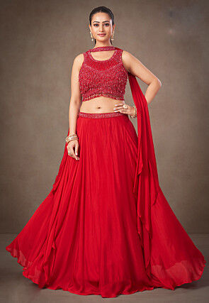 Embroidered Art Silk Lehenga in Red