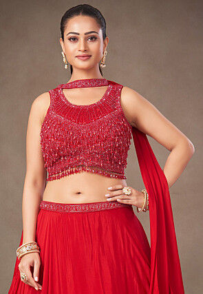 Embroidered Art Silk Lehenga in Red