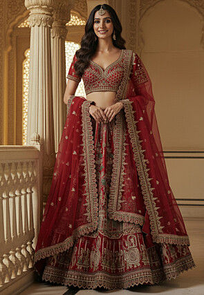 Embroidered Art Silk Lehenga in Red