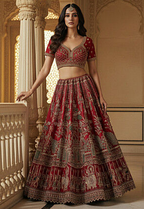 Embroidered Art Silk Lehenga in Red