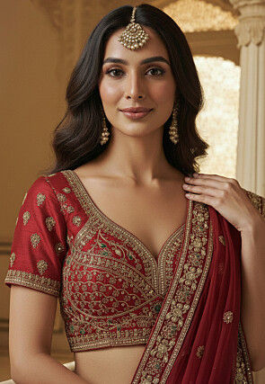 Embroidered Art Silk Lehenga in Red