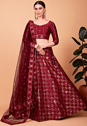Embroidered Art Silk Lehenga in Red