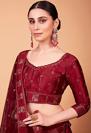 Embroidered Art Silk Lehenga in Red
