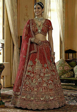 Embroidered Art Silk Lehenga in Red