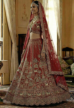 Embroidered Art Silk Lehenga in Red
