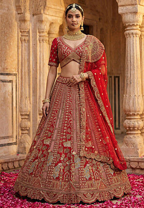 Embroidered Art Silk Lehenga in Red