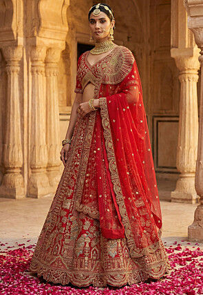Embroidered Art Silk Lehenga in Red