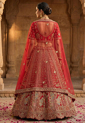 Embroidered Art Silk Lehenga in Red