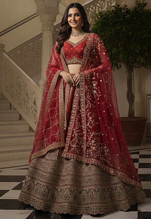 Embroidered Art Silk Lehenga in Red