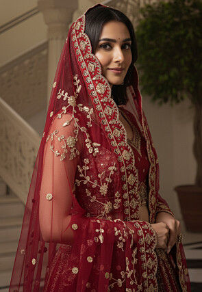 Embroidered Art Silk Lehenga in Red