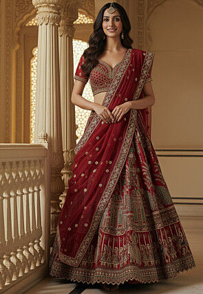 Embroidered Art Silk Lehenga in Red