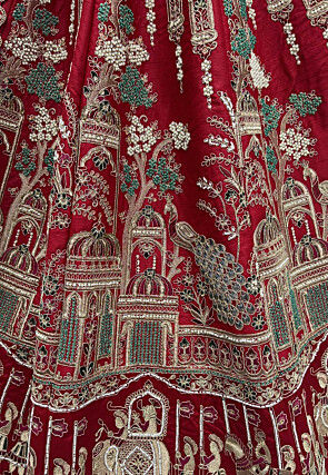 Embroidered Art Silk Lehenga in Red