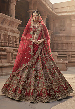 Embroidered Art Silk Lehenga in Red