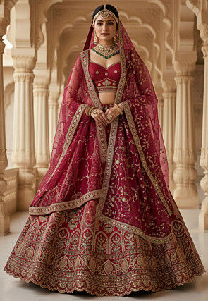 Embroidered Art Silk Lehenga in Red