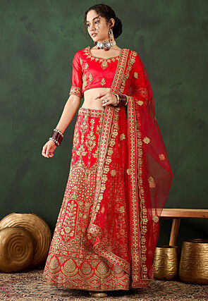 Embroidered Art Silk Lehenga in Red