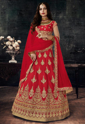 Embroidered Art Silk Lehenga in Red