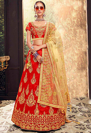 Embroidered Art Silk Lehenga in Red