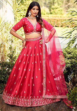 Embroidered Art Silk Lehenga in Red