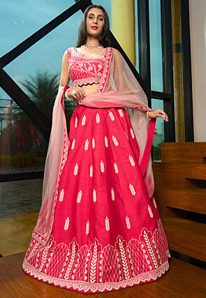 Embroidered Art Silk Lehenga in Red