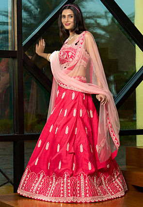 Embroidered Art Silk Lehenga in Red